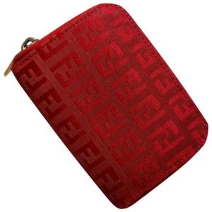 Fendi Red Coin Pouch Zucchino Small F Logo Print Canvas Zip Around